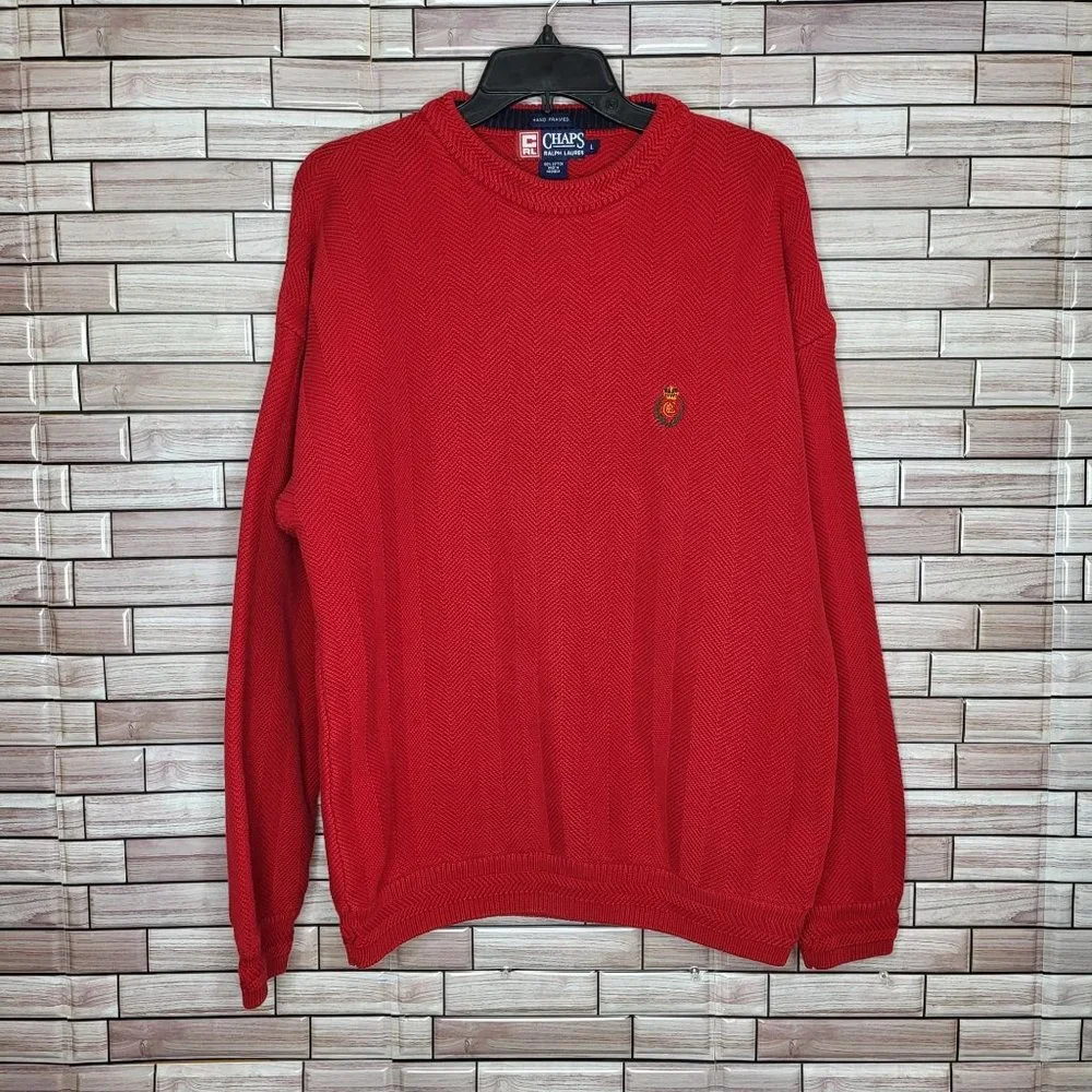 Chaps Ralph Lauren Sweater Men's Large Red Pullover‎ Hand Framed Cotton Outdoors